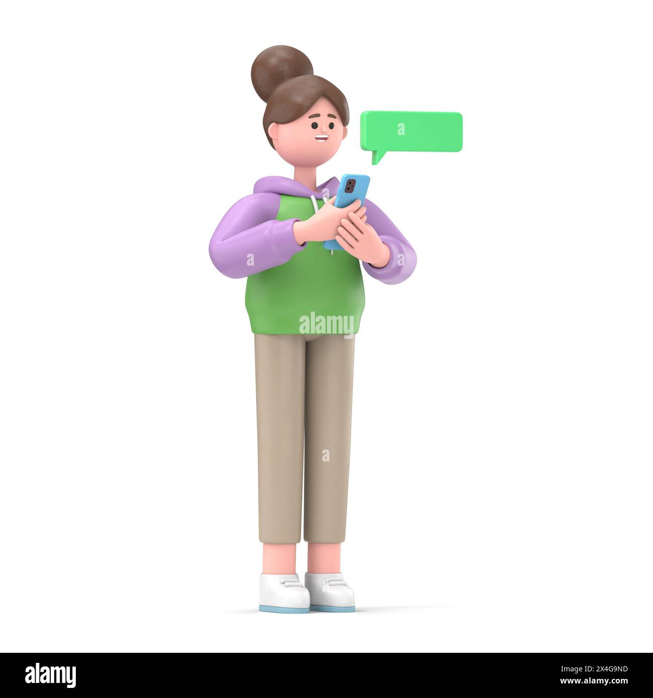 Illustration 3D de fille asiatique Renae avec téléphone. Social media concept.rendu 3D sur fond blanc. Banque D'Images