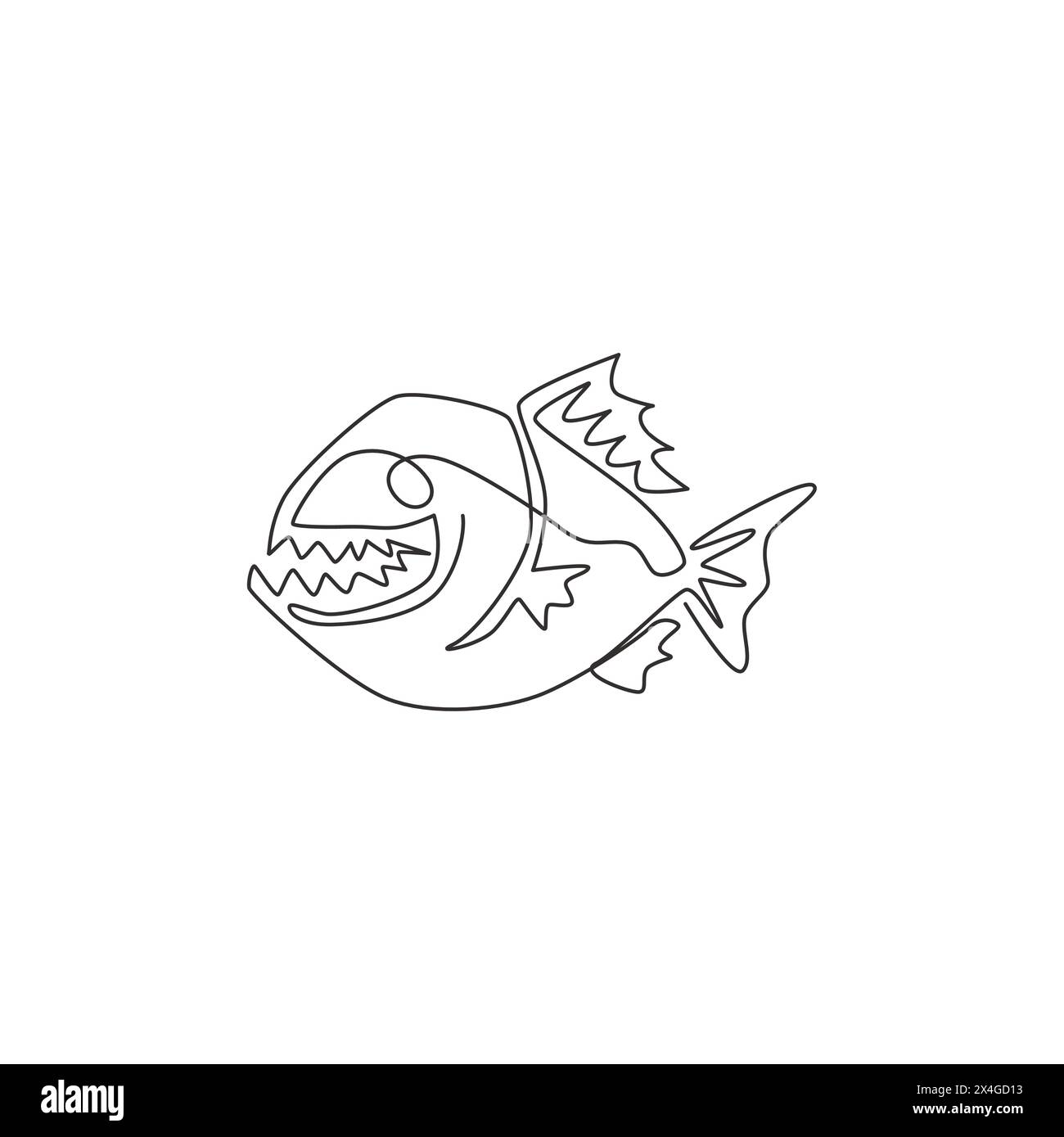 Un dessin simple ligne de piranha en colère pour l'identité du logo. Concept de mascotte de poisson de rivière Amazone pour icône de créature monstre. Dessin graphique en ligne continue d Illustration de Vecteur