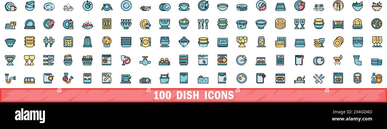 ensemble de 100 icônes de plat. Ensemble de lignes de couleur d'icônes de vecteur de plat couleur de ligne mince plat sur blanc Illustration de Vecteur