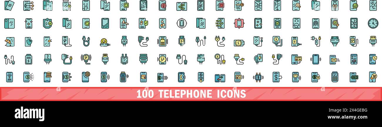 100 icônes de téléphone définies. Ensemble de lignes de couleur d'icônes vectorielles de téléphone couleur de ligne mince plat sur blanc Illustration de Vecteur