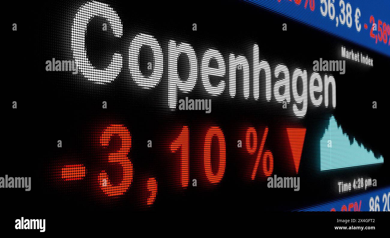 La bourse de Copenhague baisse. La bourse de Copenhague baisse. Signe de pourcentage rouge, chute, réduction, ticker boursier, informatio Banque D'Images