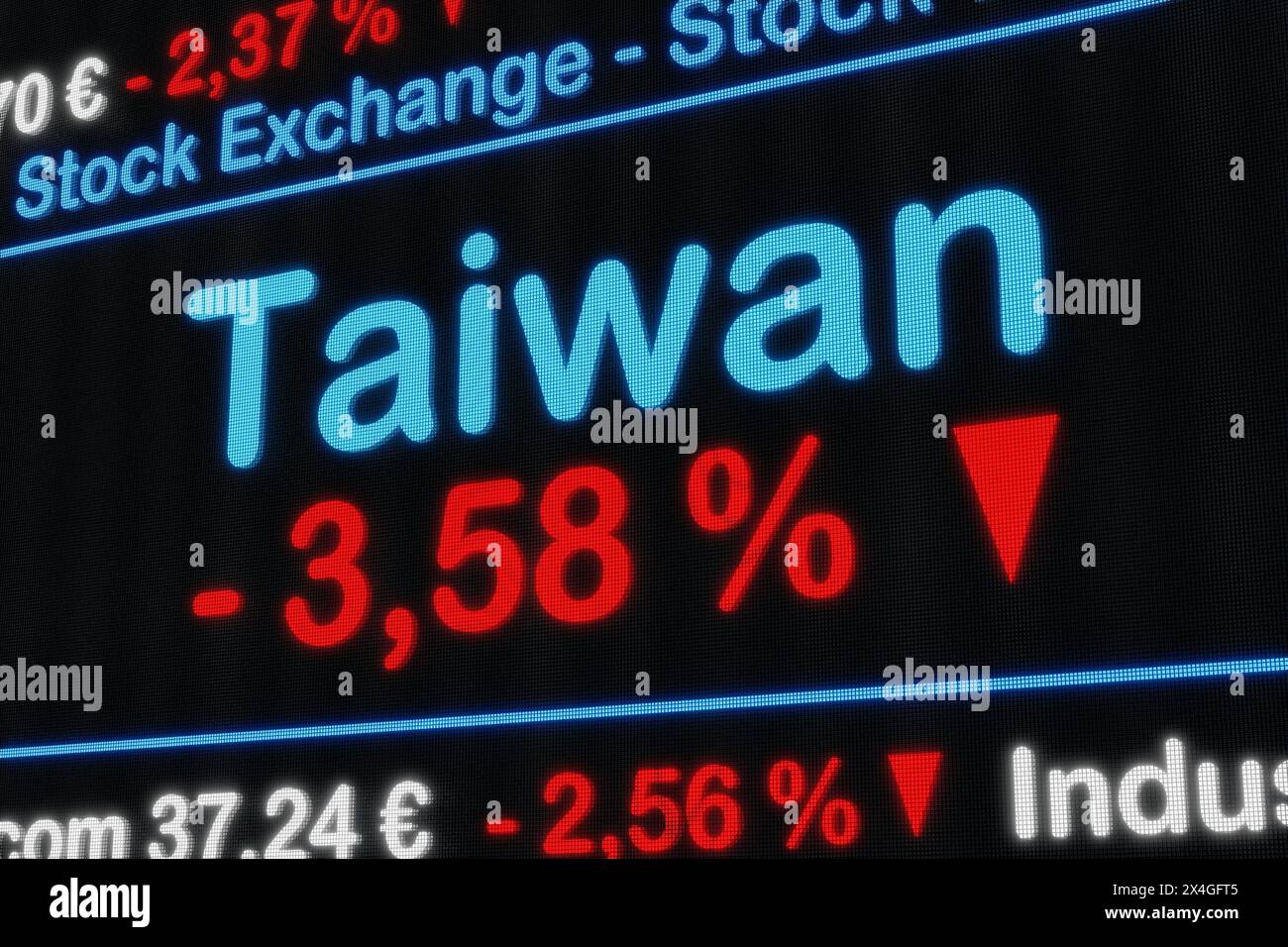 La Bourse de Taïwan baisse. La Bourse de Taïwan baisse. Signe de pourcentage rouge, chute, réduction, ticker boursier, information, busin Banque D'Images