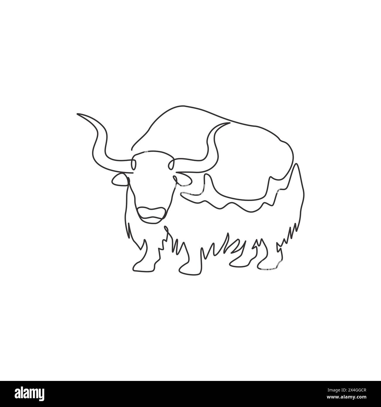Dessin simple d'une ligne de yak galant pour l'identité du logo de l'entreprise. Concept de mascotte de mammifère de bœuf de bétail pour icône de zoo national. dra en ligne continue moderne Illustration de Vecteur