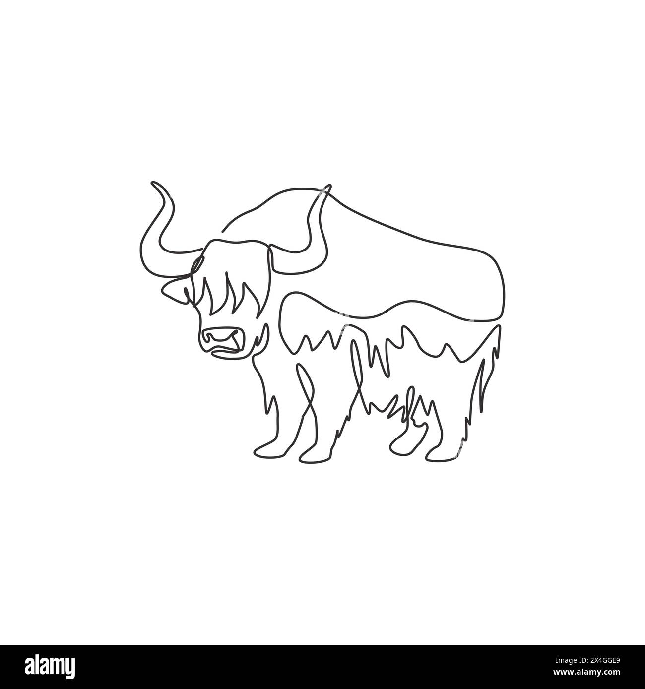 Dessin au trait continu unique de yak galant pour l'identité du logo. Concept de mascotte bovidée domestiquée à poil long pour icône de parc national de conservation. Mo Illustration de Vecteur