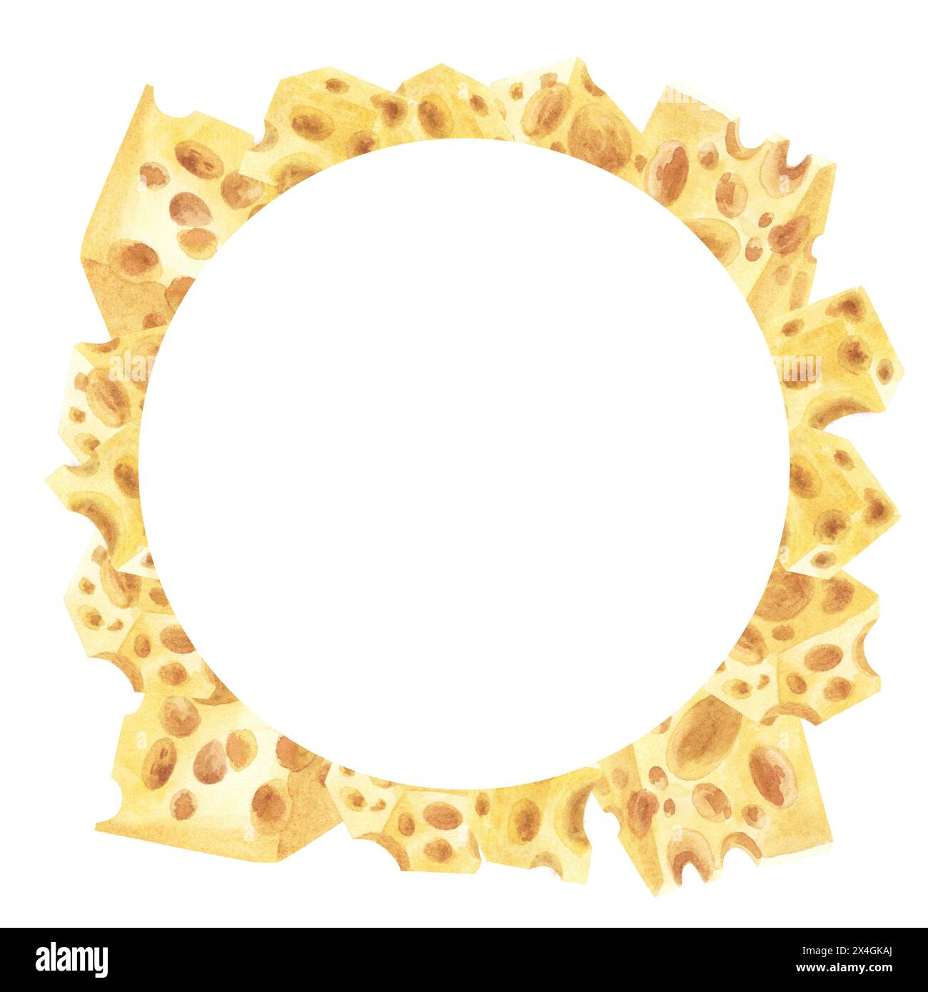 Cadre rond aquarelle au fromage. Illustration de nourriture dessinée à la main avec pour emballage de produit, menu, conception de restaurant. Isolé sur fond blanc. Banque D'Images