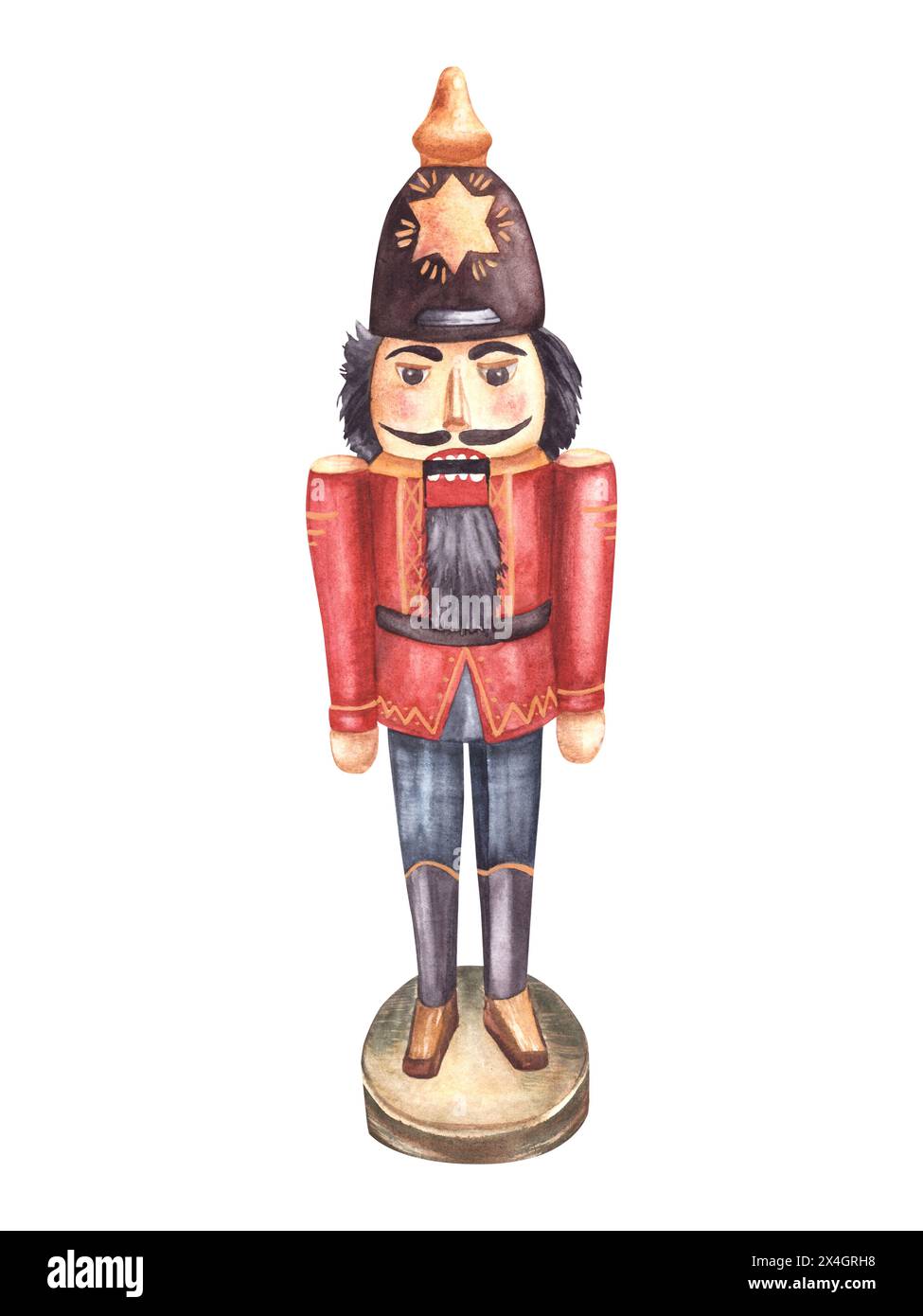 Casse-noisette. Jouet arbre de Noël vintage. Soldat en bois rétro, illustration d'ornement traditionnel de Noël peint à l'aquarelle. Clipart pour votre Banque D'Images