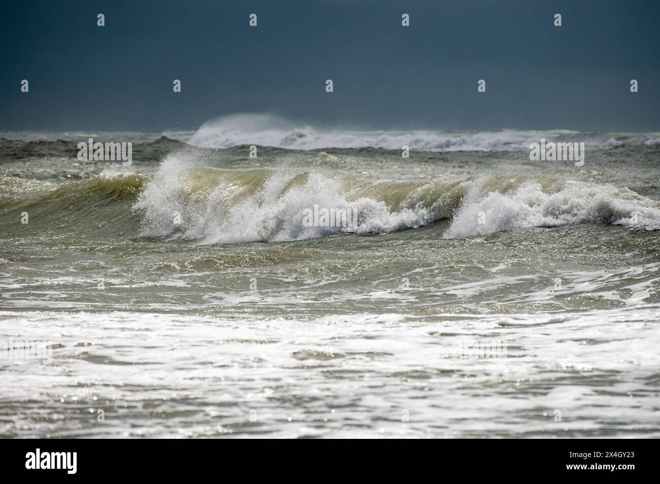Mer Tyrrhénienne, Italie, une source orageuse avec des vagues moussantes sur une plage près de Rome Banque D'Images