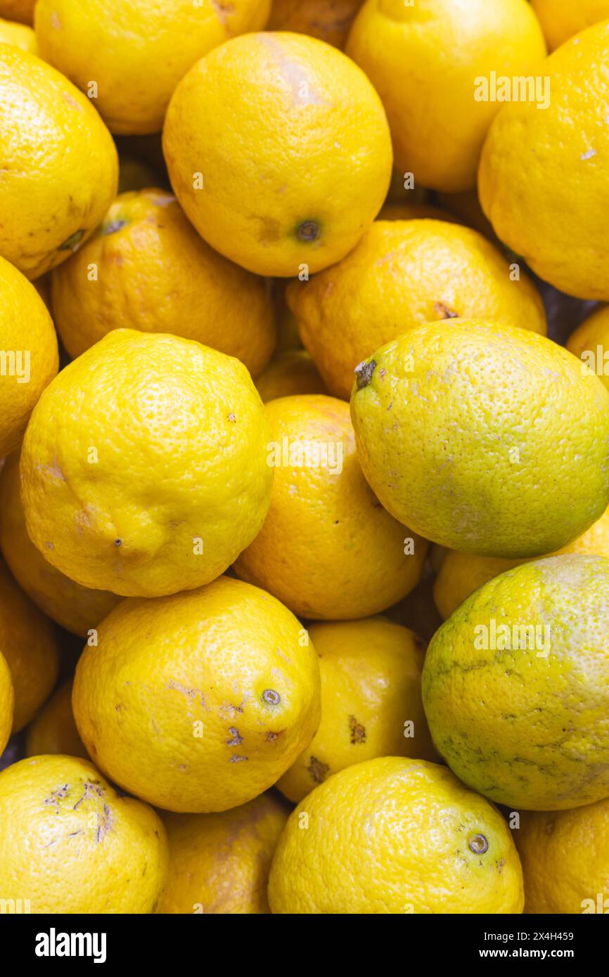 Citrons sur le marché. Fond de citrons juteux. Fruits jaunes. Tas de citrons mûrs. Fond de couleur jaune. Récolte d'agrumes. Alimentation saine. Banque D'Images