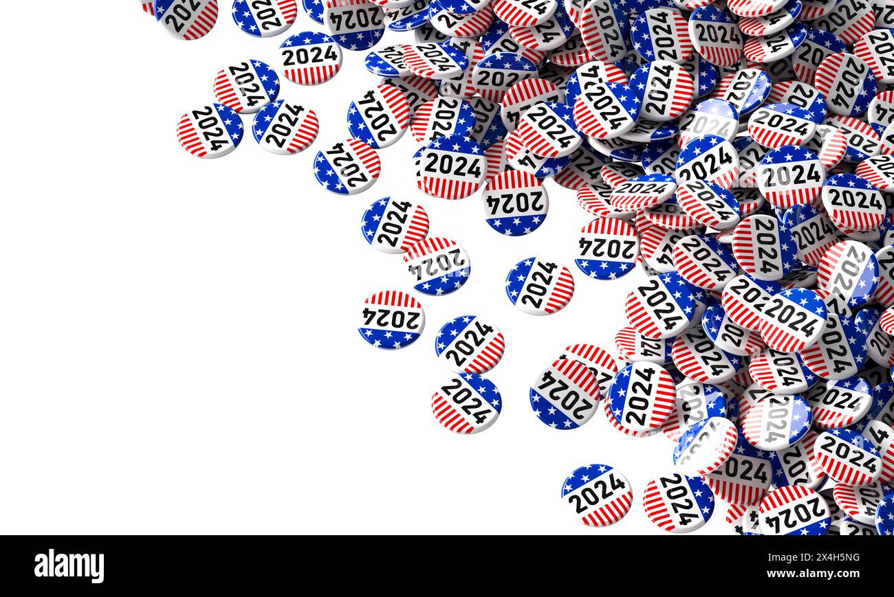 Multitude de boutons de campagne liés à 2024 en cascade dans la vue, isolés sur blanc Banque D'Images