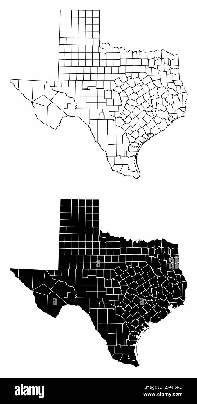 Les cartes administratives en noir et blanc de l'État du Texas, États-Unis Illustration de Vecteur