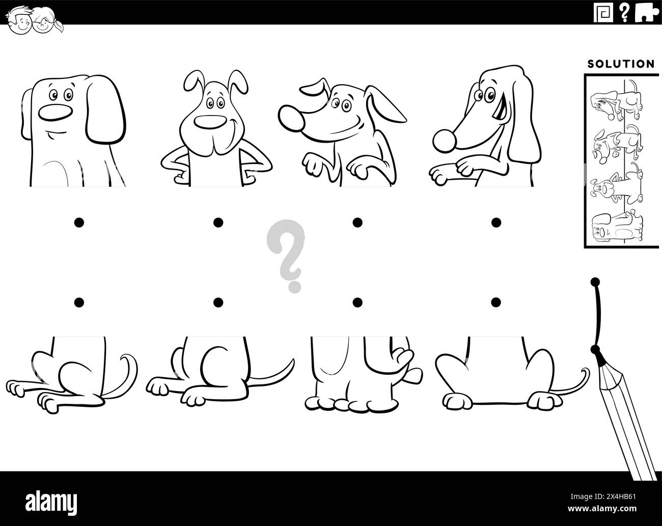 illustration de dessin animé de l'activité éducative de la correspondance des moitiés des images avec drôles de chiens animaux personnages de coloriage Illustration de Vecteur