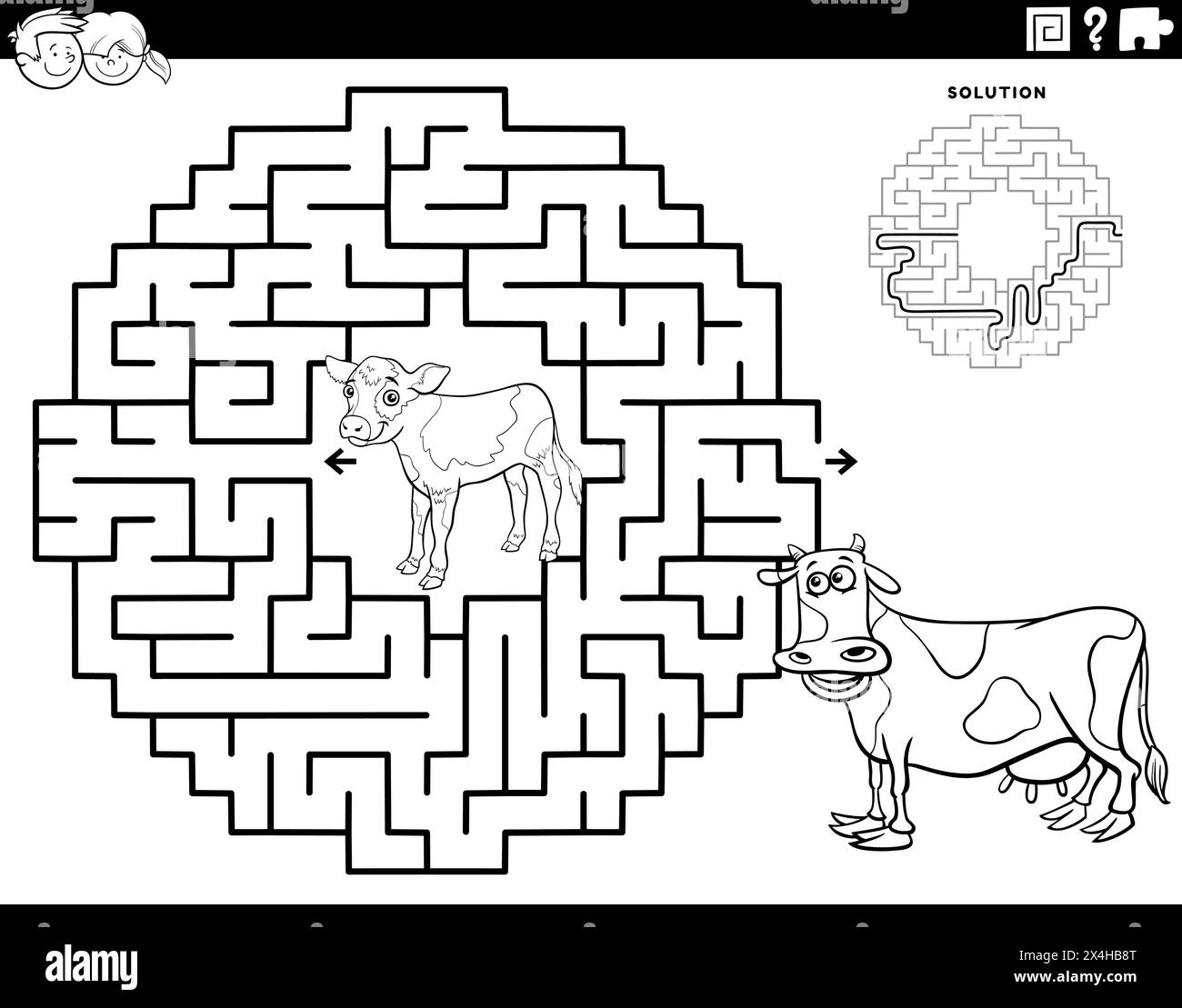 Illustration de dessin animé du jeu de puzzle labyrinthe éducatif pour les enfants avec la page de coloriage des personnages d'animaux de veau et de vache Illustration de Vecteur