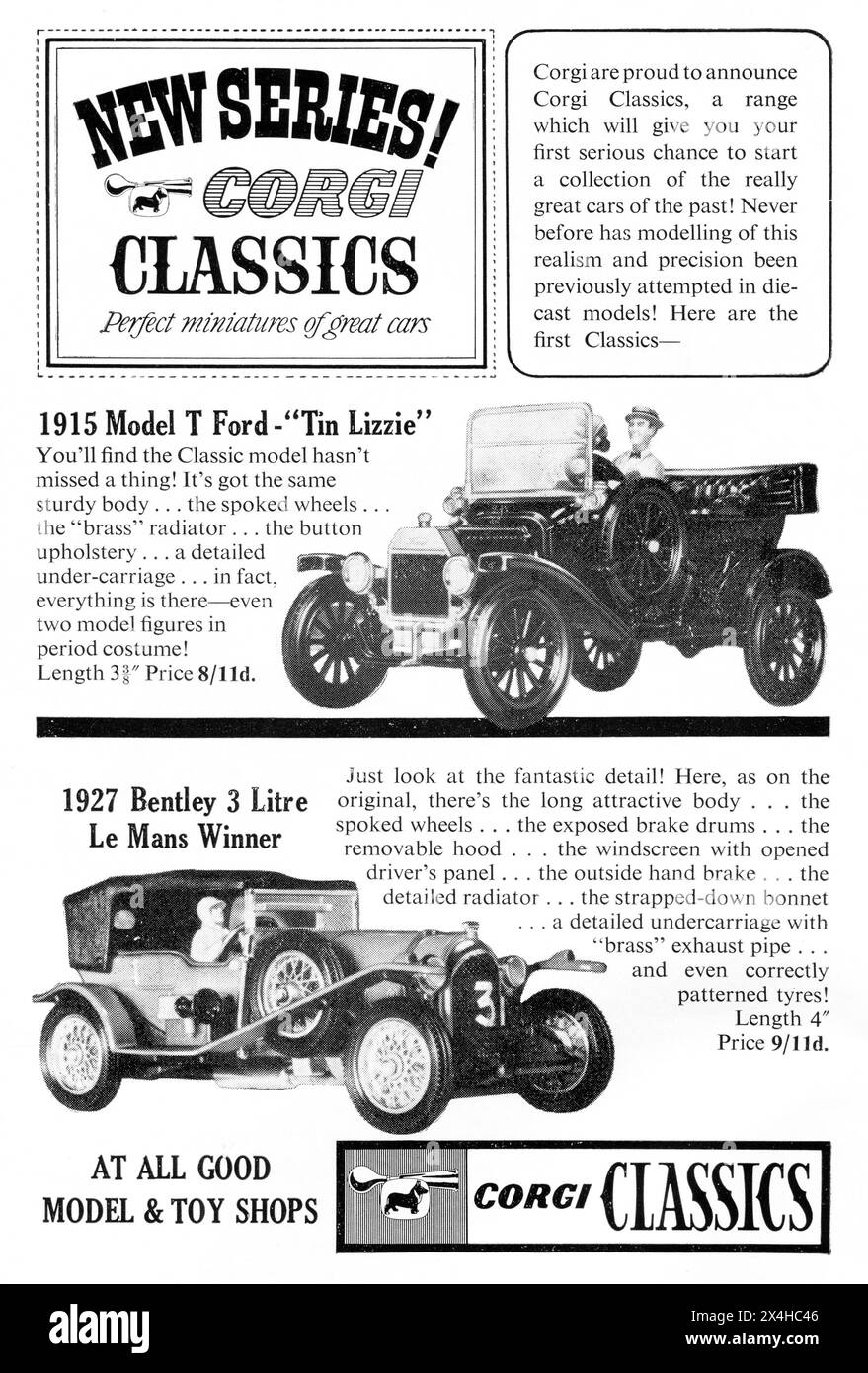 1964 – une publicité faisant la promotion de la nouvelle série de voitures moulées Corgi Toys appelée « Corgi Classics ». Cette annonce présente une Ford Model T « Tin Lizzie » 1915 et une Bentley 3 litres gagnante du Mans 1927. Banque D'Images