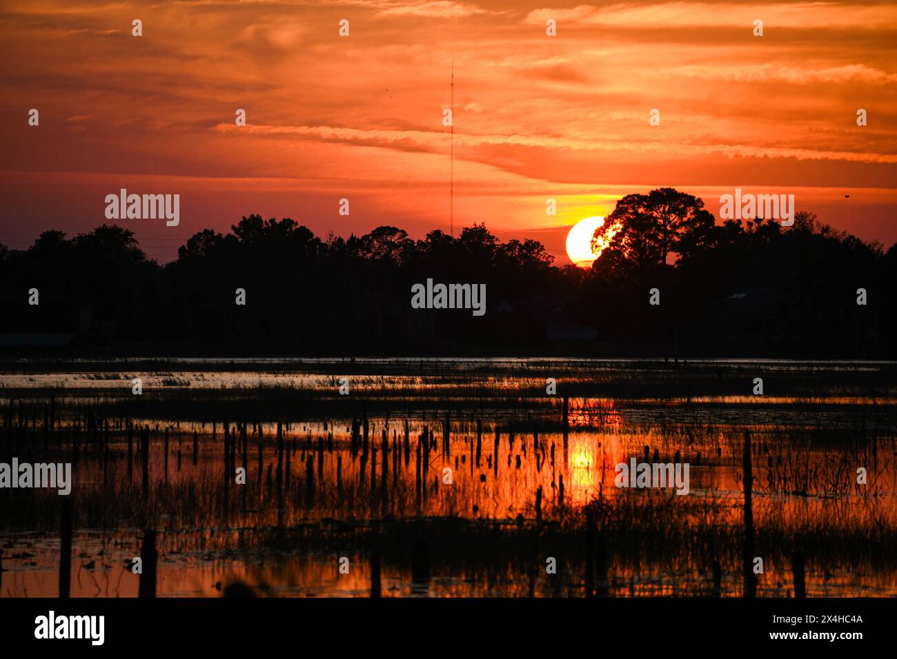 Coucher de soleil en Floride pris dans le centre de la Floride. Avant la soirée d'été avant que le dernier temps doux quitte l'état. Une belle lueur du soleil se reflétant sur l'eau de l'un des nombreux lacs de la région de Deltona du comté de Volusia. Banque D'Images