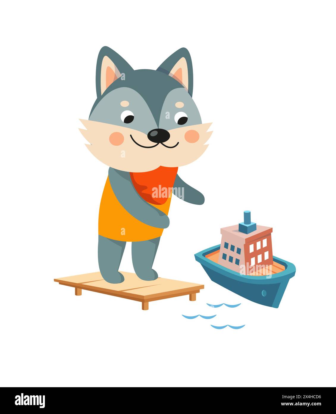 Loup mignon et bateau sur fond blanc. Personnage de dessin animé. Transport et animaux. Illustration vectorielle. Illustration de Vecteur