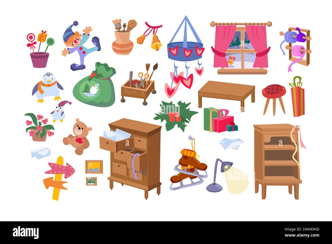 Ensemble d'illustrations pour concevoir la carte de Noël. Atelier du Père Noël. Vacances d'hiver. Illustration vectorielle de dessin animé. Illustration de Vecteur