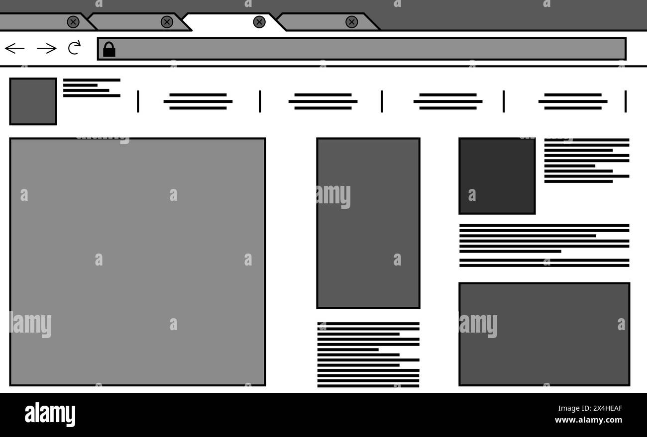 Modèle de conception de site Web. Filaire avec différents éléments sur fond blanc Banque D'Images