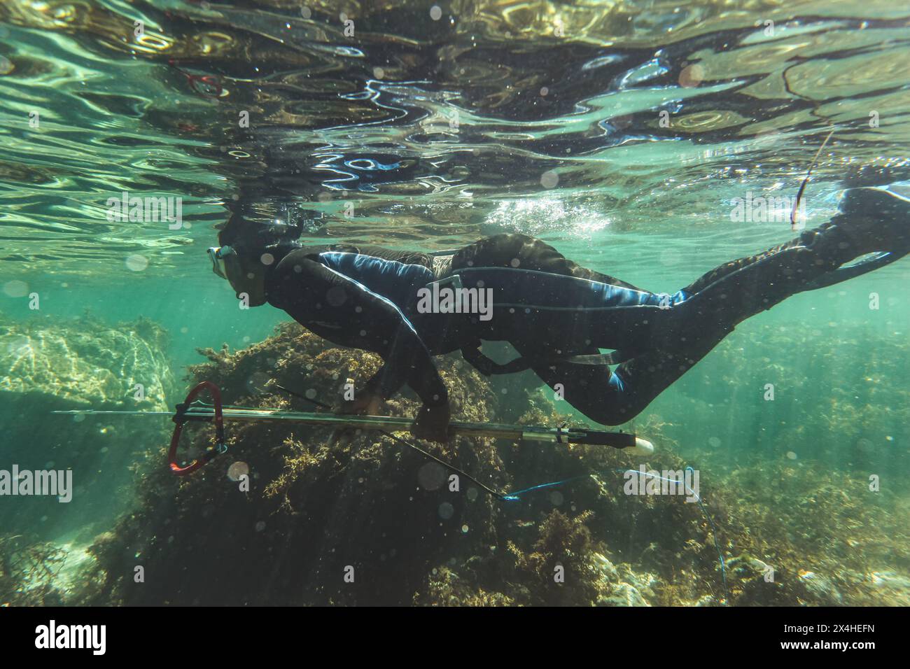 Anakao, Madagascar - 03 mai 2019 : pêcheur malgache local en combinaison noire et tuba attrapant du poisson avec harpon à lance - photo sous-marine à Shallo Banque D'Images