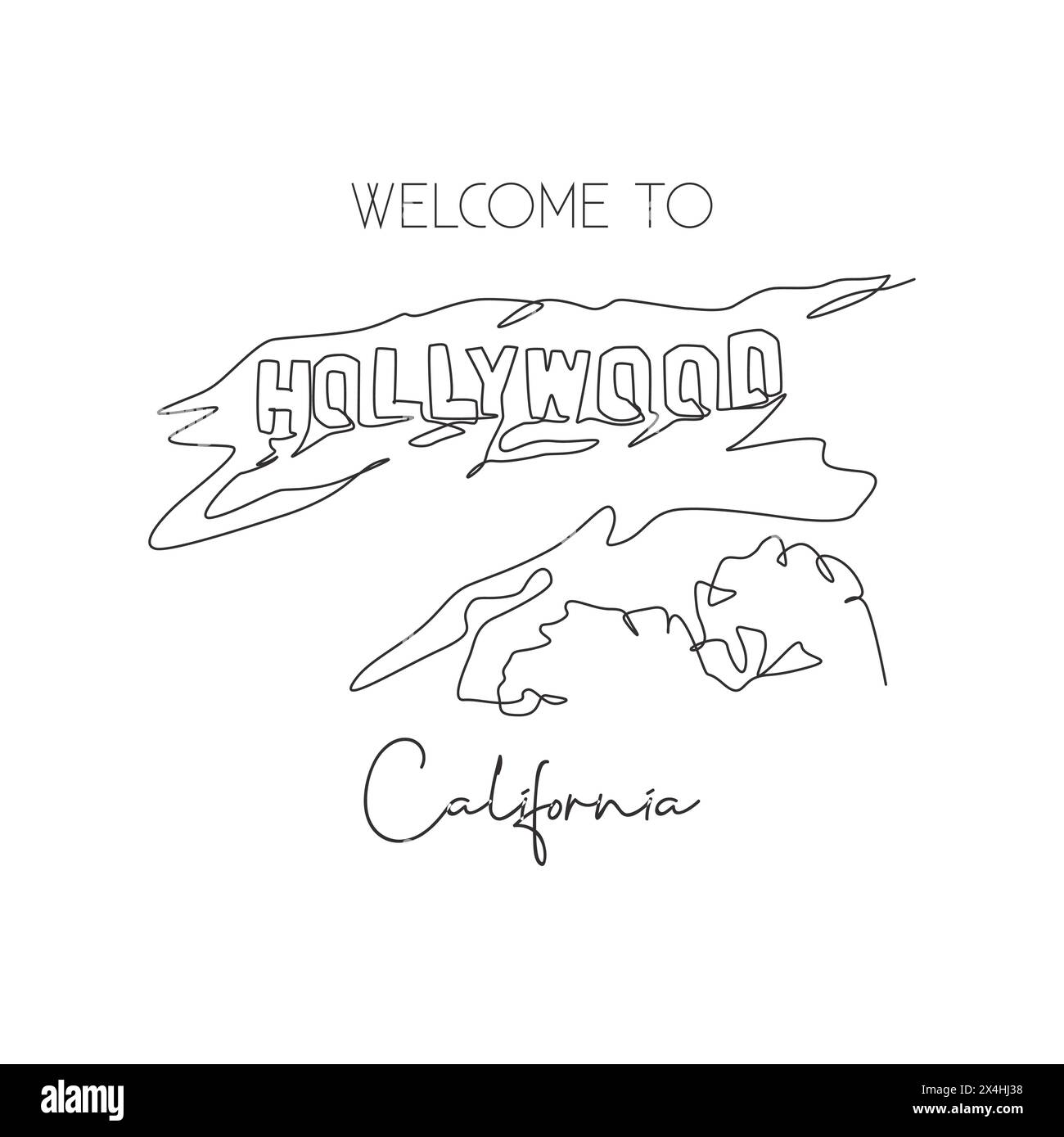 Depok, Indonésie - 2 août 2019 : dessin en ligne continue unique du repère Hollywood. Célèbre endroit à Los Angeles, Californie, États-Unis. Décoration Illustration de Vecteur