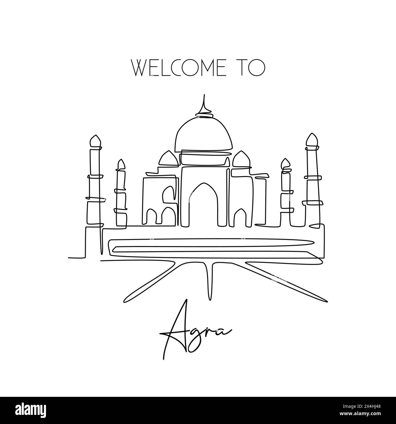 Une seule ligne dessinant la mosquée Taj Mahal. Beauté historique lieu emblématique à Agra, Inde mur décor affiche Concept de carte postale de voyage touristique. Moderne Illustration de Vecteur