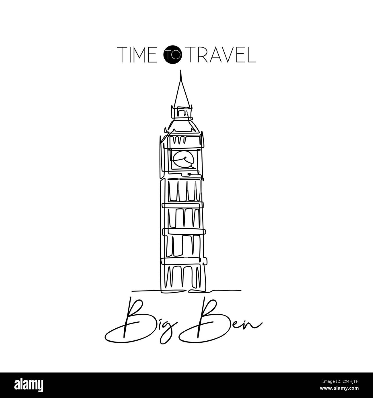 Une seule ligne dessinant la tour de l'horloge Big Ben. Décoration murale maison art poster imprimé d'un lieu emblématique de Londres. Tourisme et concept de carte postale de voyage. Moderne c Illustration de Vecteur