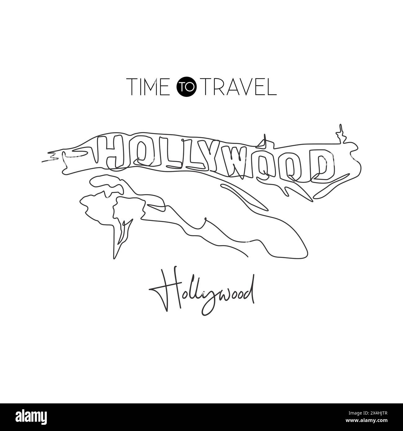 Depok, Indonésie - 2 août 2019 : un dessin au trait continu du repère Hollywood. Lieu emblématique mondial en Californie, États-Unis. Vacances vacances Wal Illustration de Vecteur