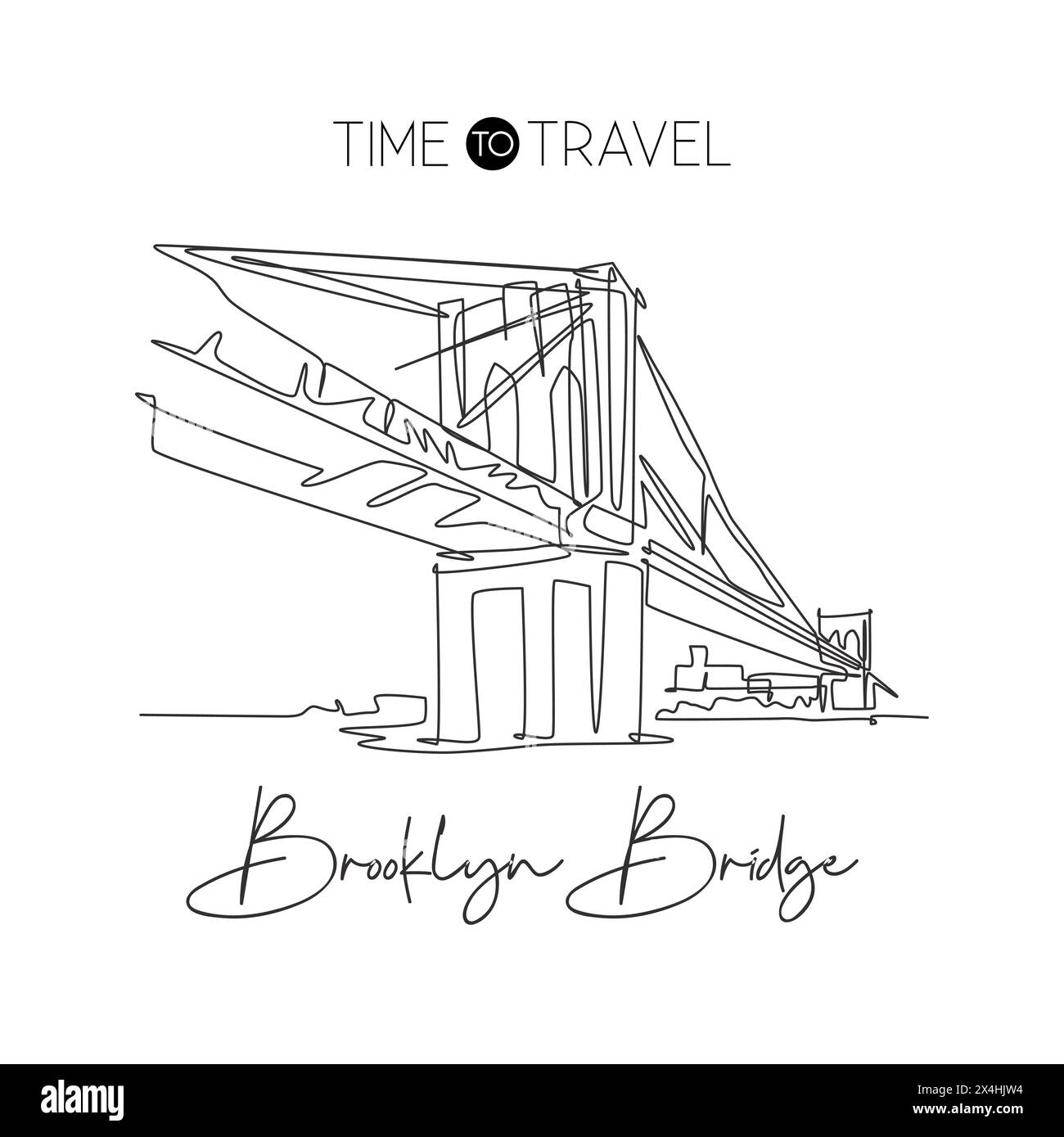 Une seule ligne dessinant le point de repère du pont de Brooklyn. Lieu de renommée mondiale à New York, États-Unis. Tourisme voyage carte postale décoration murale maison affiche d'art. Moderne Illustration de Vecteur