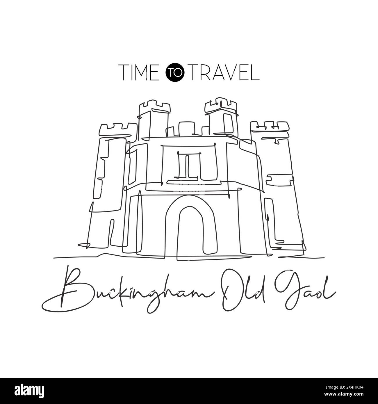 Dessin en ligne continue unique Buckingham Old Gaol. Célèbre musée dans le Buckinghamshire, Angleterre. Concept d'impression d'affiche d'art mural de voyage à la maison. Illustration de Vecteur