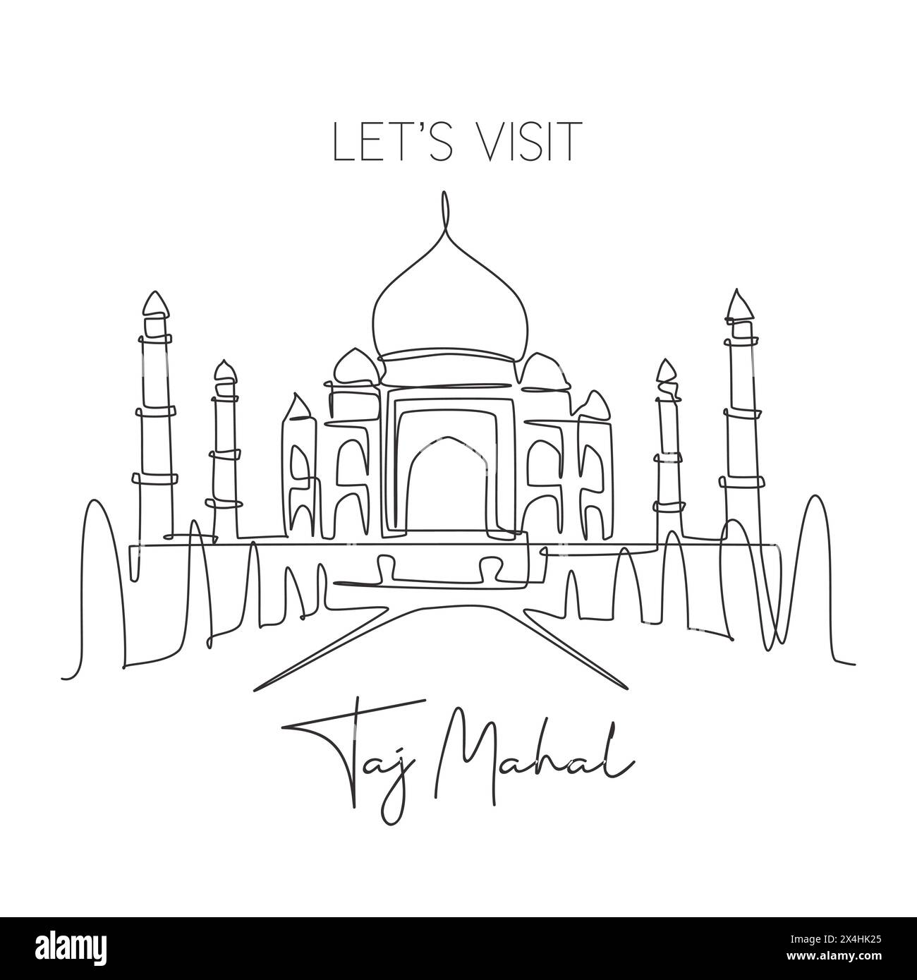 Une seule ligne dessinant le point de repère de la mosquée Taj Mahal. Lieu emblématique du monde à Agra, Inde. Tourisme voyage carte postale décoration murale maison concept d'affiche d'art. Mode Illustration de Vecteur