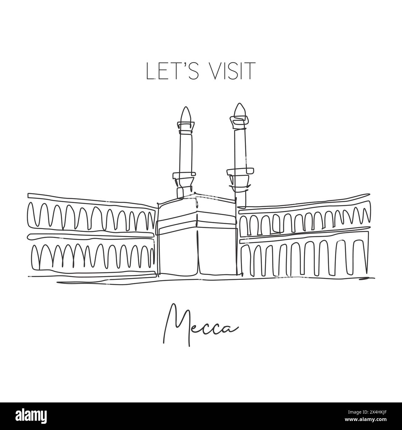 Dessin en ligne continue unique du repère Masjidil Haram. Lieu le plus Saint à la Mecque, Arabie Saoudite. Concept d'art de décoration murale de voyage religieux hajj et umrah Illustration de Vecteur