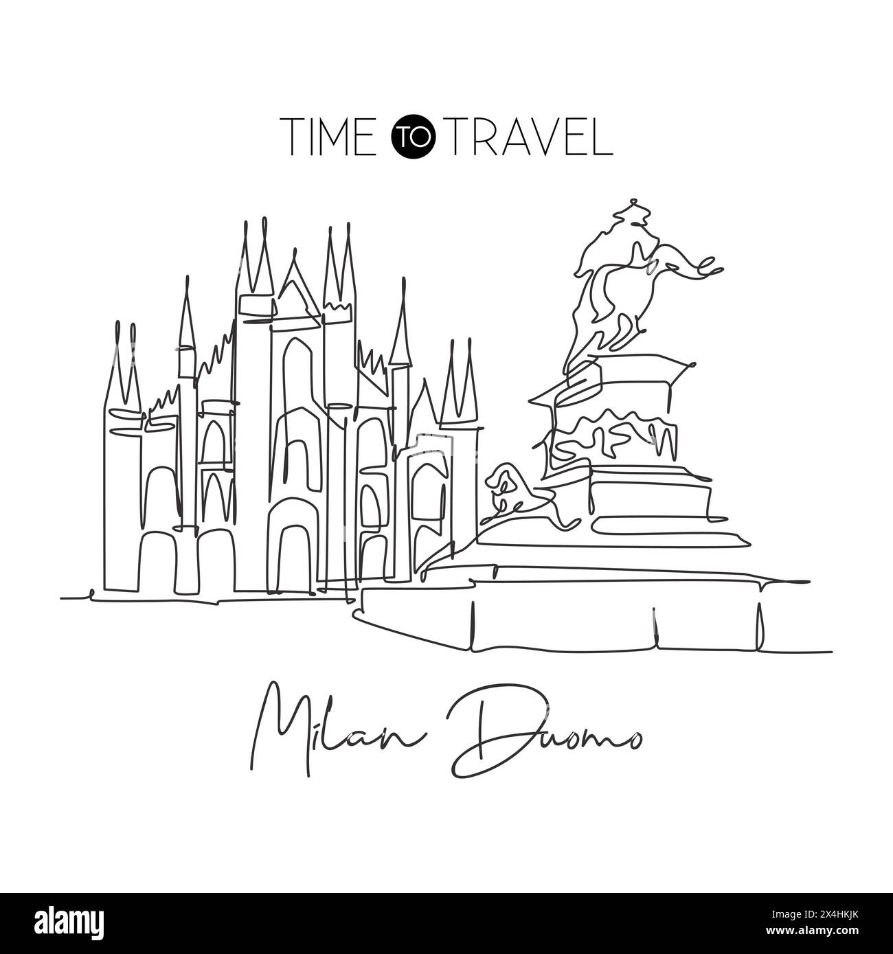 Dessin en ligne continue unique du monument Duomo di Milano. Bel endroit célèbre à Milan, Italie. Tour du monde voyage maison décoration mur art concept d'affiche. Illustration de Vecteur