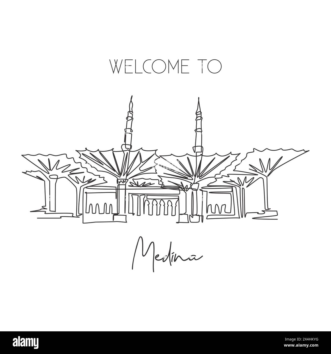 Une seule ligne dessinant le monument de Masjid Al Nabawi. Célèbre Saint iconique à Médine arabe saoudienne. Concept d'impression d'affiche de décoration murale de voyage Hajj umrah. Moderne Illustration de Vecteur