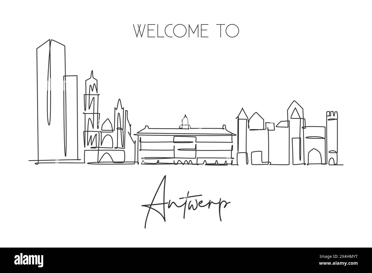 Dessin en ligne continue unique de l'horizon de la ville d'Anvers Belgique. Célèbre carte postale de paysage de gratte-ciel. Monde voyage maison décoration mur affiche imprimé Concepp Illustration de Vecteur