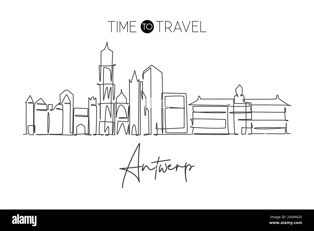 Un dessin au trait continu de l'horizon de la ville d'Anvers, Belgique. Beau gratte-ciel. Paysage mondial tourisme voyage vacances décoration murale imprimé affiche. S Illustration de Vecteur