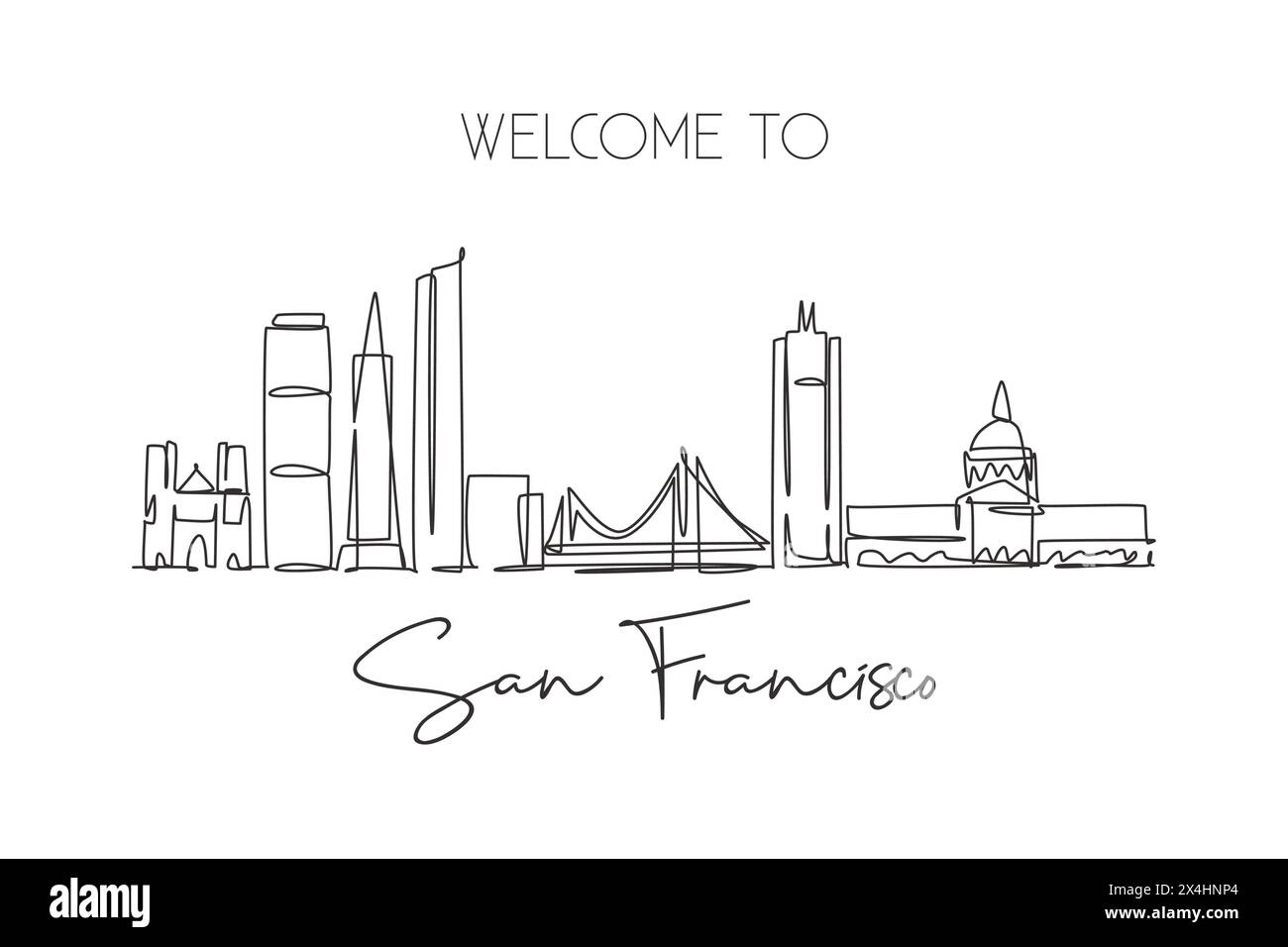 Une ligne continue dessinant l'horizon de la ville de San Francisco, aux États-Unis d'Amérique. Magnifique point de repère. Affiche de vacances de voyage de tourisme mondial. Modifiables s Illustration de Vecteur