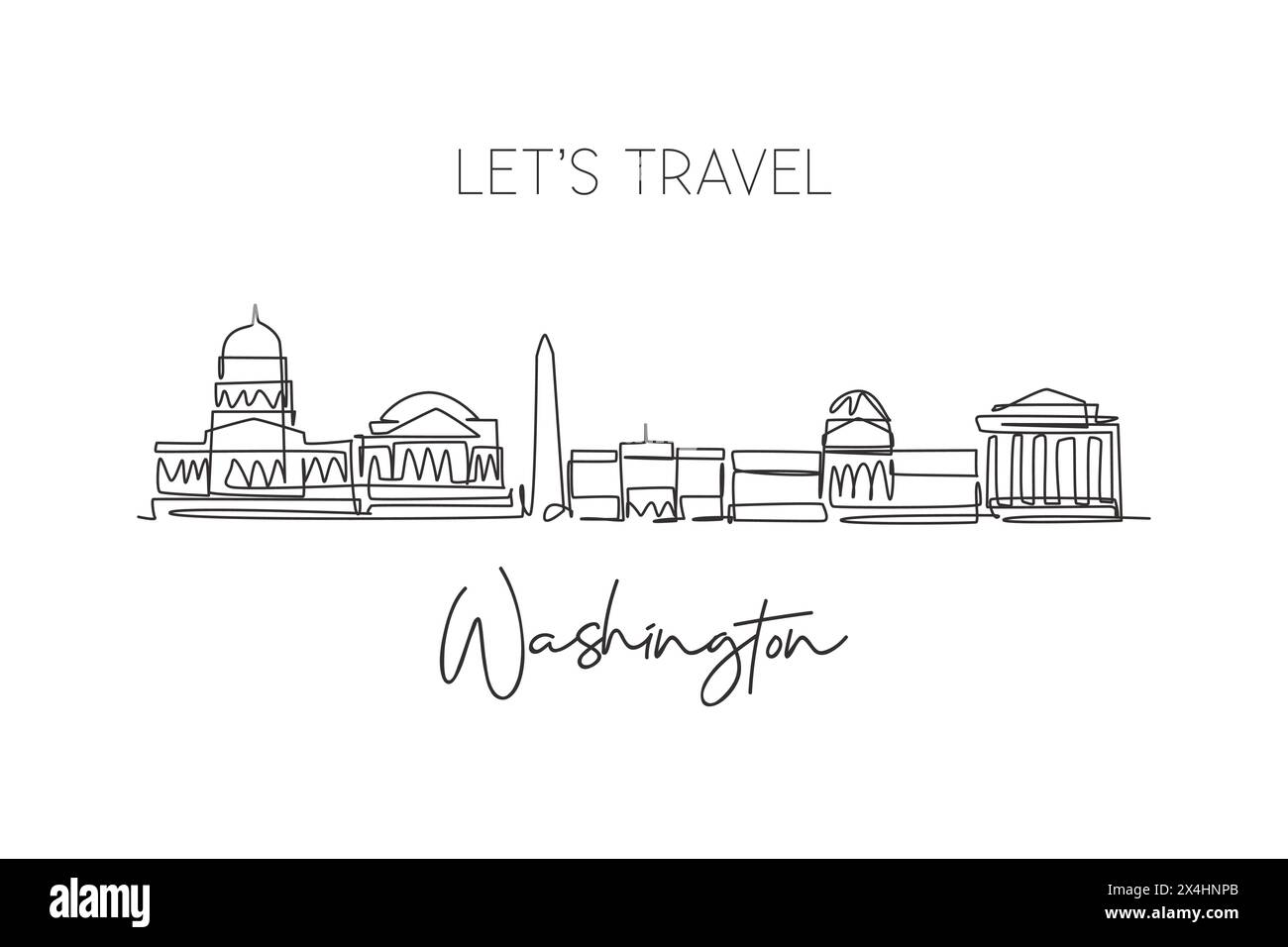 Dessin au trait continu unique de la skyline de Washington, États-Unis. Célèbre paysage de grattoir de ville. World Travel concept Home Wall Decor poster imprimé Illustration de Vecteur