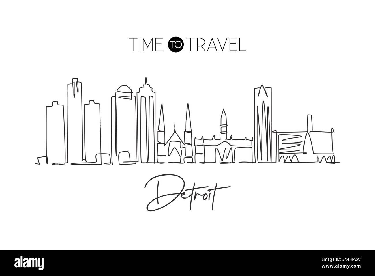 Un dessin au trait continu de l'horizon de la ville de Détroit, États-Unis. Magnifique point de repère. Impression d'affiche de vacances de voyage de tourisme de paysage mondial. Style modifiable s Illustration de Vecteur