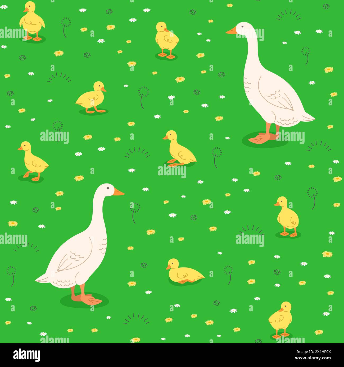 Mère oie avec de mignons petits oisons dans la prairie verte. Motif d'arrière-plan sans couture. Bébé oie dessinée à la main dans différentes poses jouant en vert Illustration de Vecteur