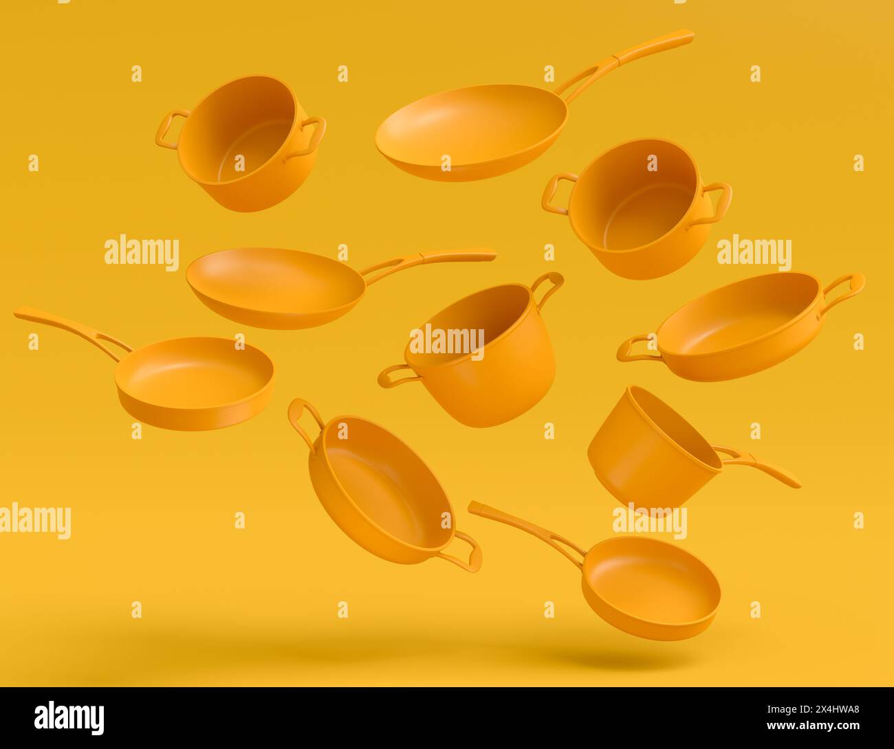 Ensemble de stewpot en acier inoxydable volant, poêle à frire et ustensiles de cuisine en aluminium chromé sur fond monochrome jaune. rendu 3d de cuisine antiadhésive Banque D'Images