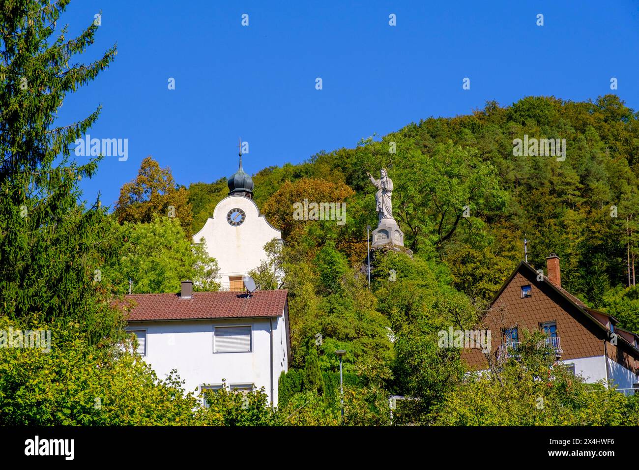 Statue de bon berger, huttes, Schmiechtal, Alb souabe, haute Souabe, Souabe, Bade-Wuertemberg, Allemagne Banque D'Images