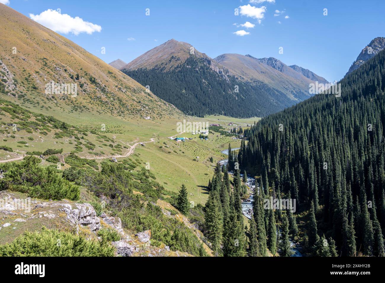 Vallée de montagne verte avec le village d'Altyn Arashan, montagnes Tien Shan, Kirghizistan Banque D'Images