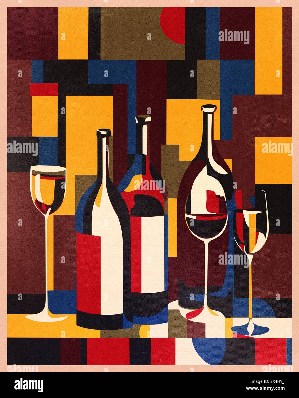 Bouteilles de vin et verres à vin, affiche des années 1970, style moderne du milieu du siècle. Banque D'Images