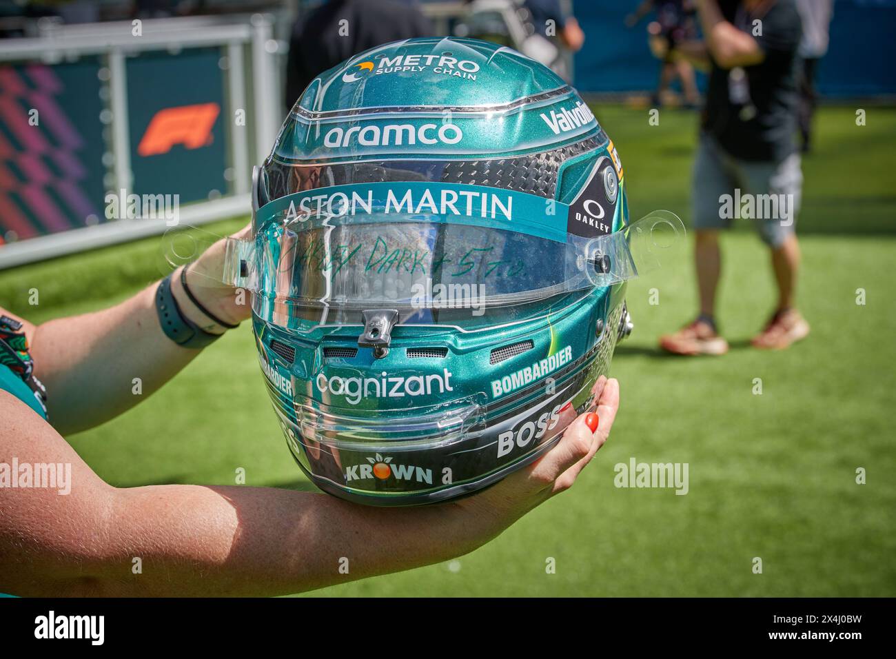 Miami Gardens, Floride, États-Unis. 3 mai 2023. 18 lance Stroll (CAN) Aston Martin Helmet, Grand Prix F1 de Miami à Miami Autodrome à Miami Gardens, Floride, États-Unis. Crédit : Yaroslav Sabitov/YES Market Media/Alamy Live News. Banque D'Images