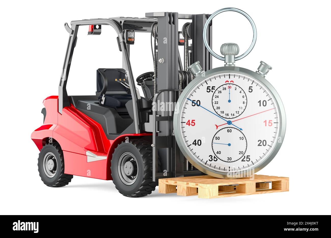 Chariot élévateur avec chronomètre. Concept de livraison et d'expédition rapide, rendu 3D isolé sur fond blanc Banque D'Images