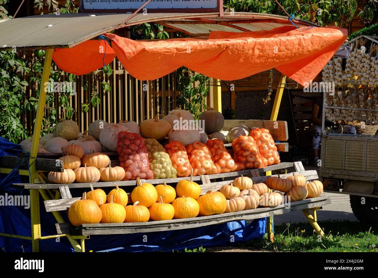 Stand de bord de route avec une variété de légumes frais dans le nord de la Serbie Banque D'Images