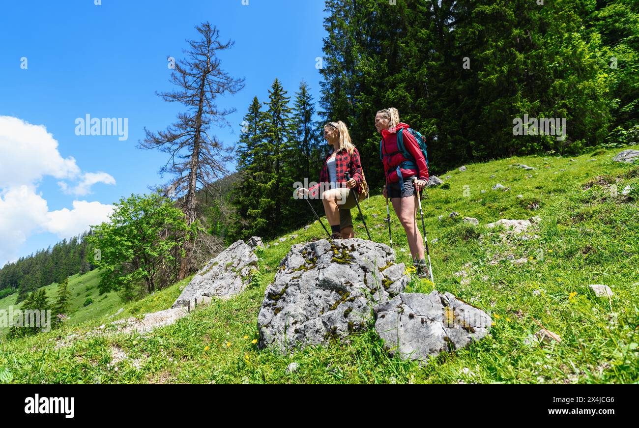 Deux randonneuses se reposant sur un rocher et regardant autour dans les alpes allemandes. Image concept touriste de voyage et randonneur. Banque D'Images