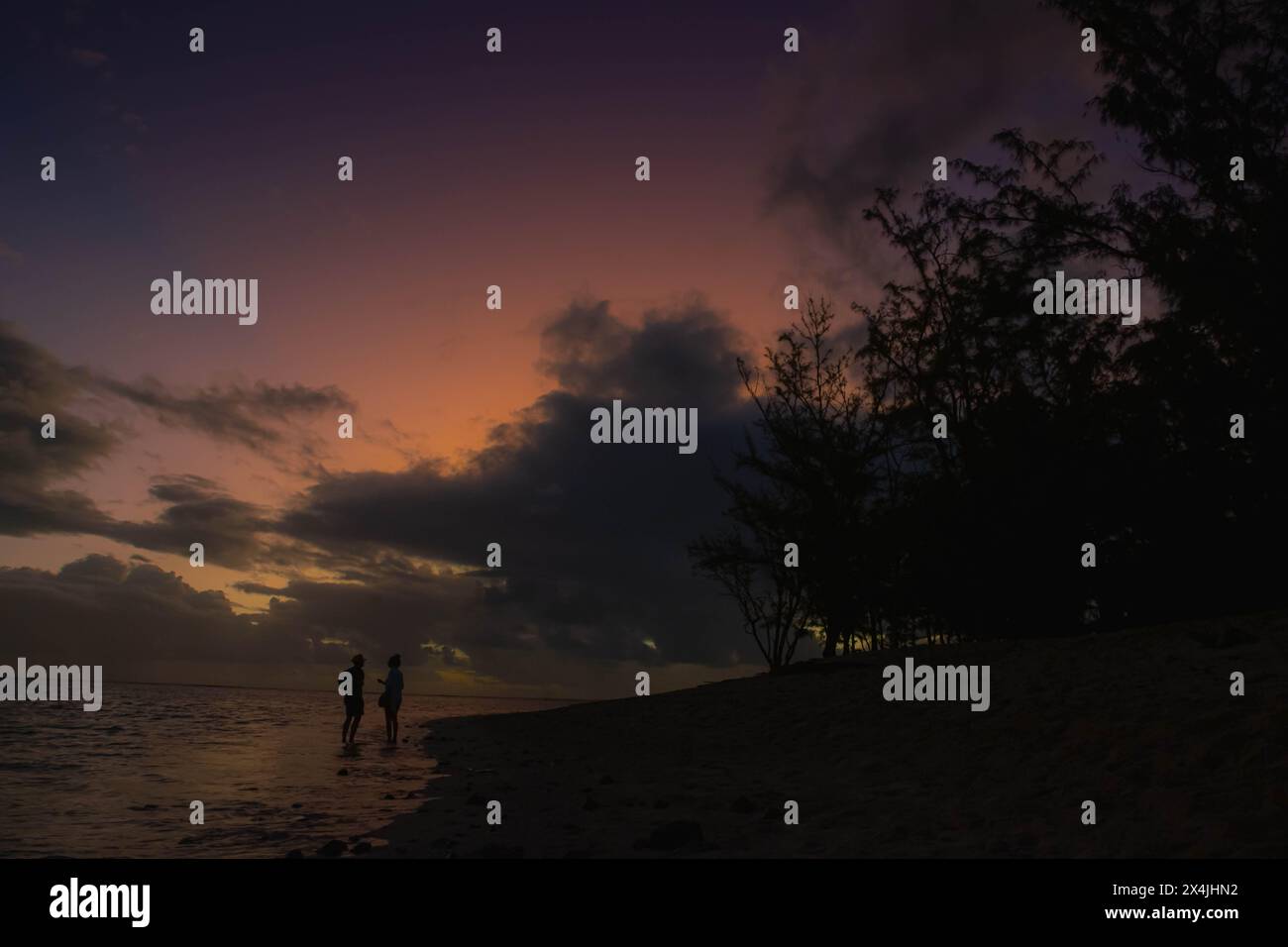 Silhouette des personnes twi pendant le coucher du soleil tropical Banque D'Images