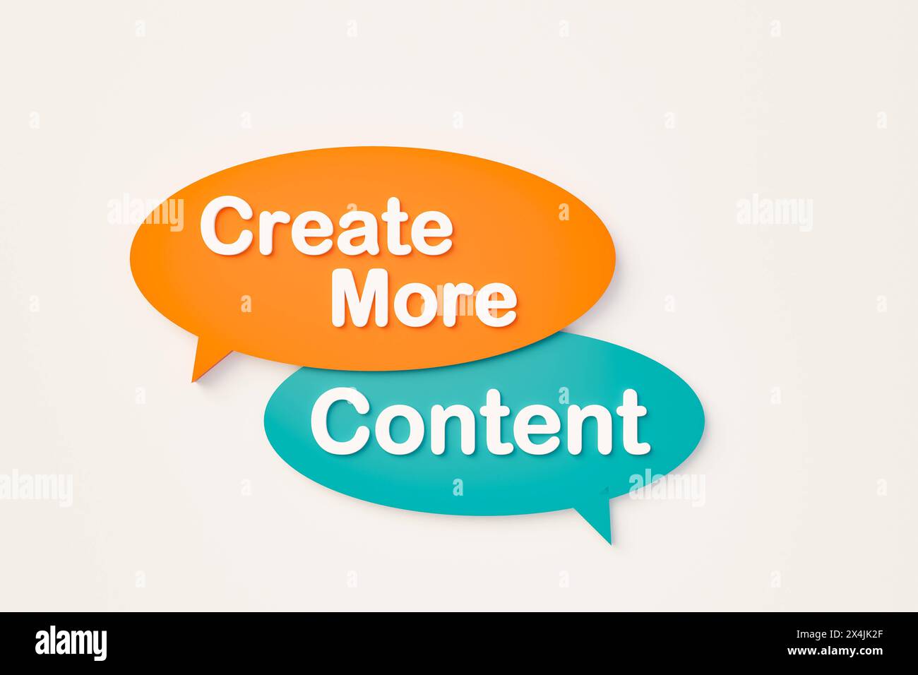 Créez plus de contenu. Bulle de discours en ligne. Créez plus de contenu. Bulle de chat en orange, bleu. Message d'annonce, contenu, infographie, présentation Banque D'Images