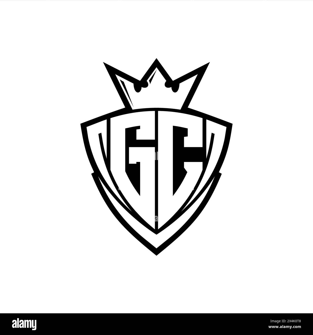 GC logo de lettre en gras avec forme de bouclier de triangle pointu avec la couronne à l'intérieur du contour blanc sur la conception de modèle de fond blanc Banque D'Images