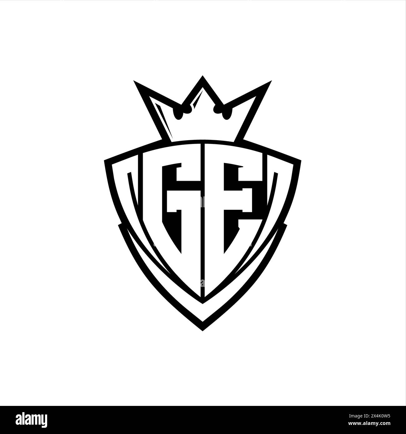 Logo GE Bold Letter avec forme de bouclier triangulaire pointu avec couronne à l'intérieur d'un contour blanc sur fond blanc conception de modèle Banque D'Images